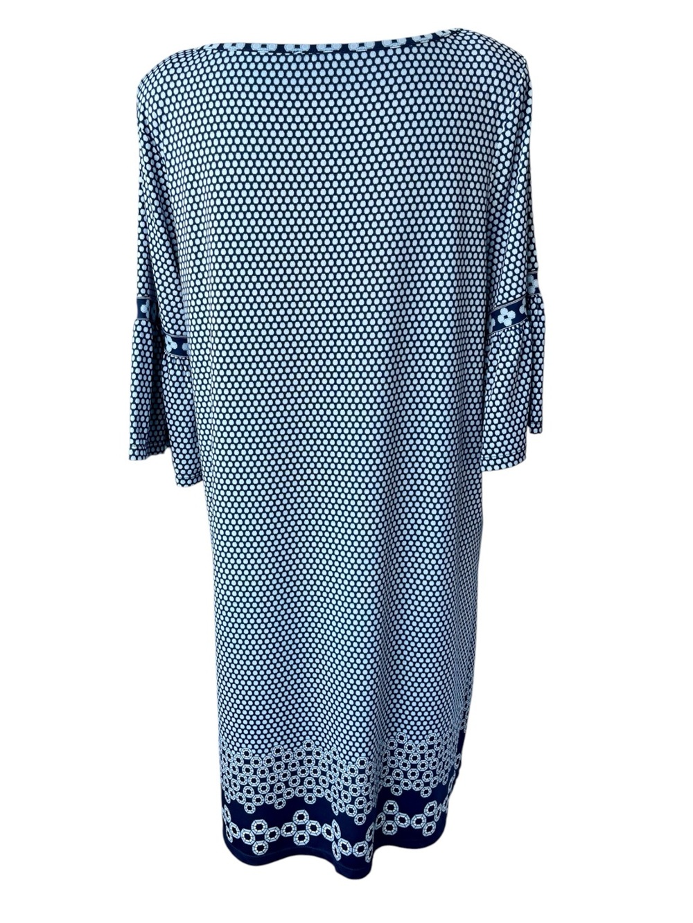 Max Studio Blue White Geometric Shift Dress XL 3/4 Bell Sleeve Stretch Knit - Picture 6 of 9